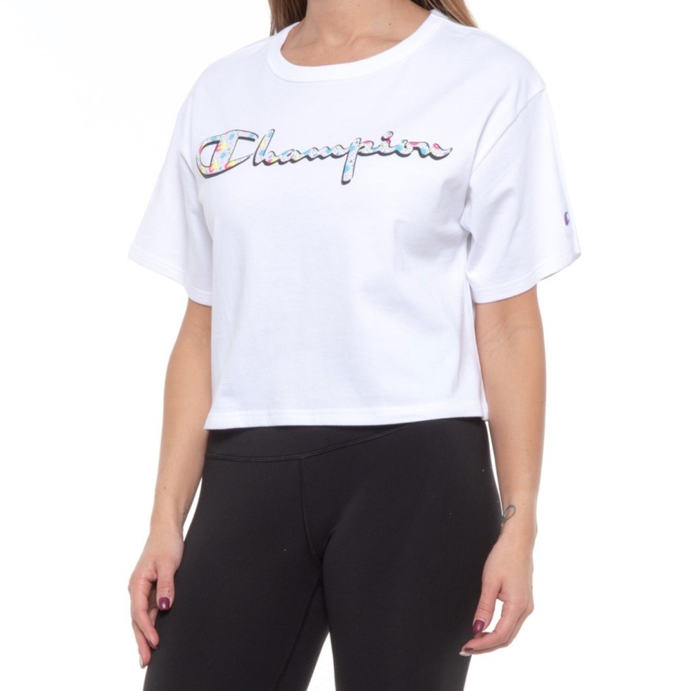 🆕 Champion Heritage Crop Top White with multicolored logo 106